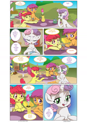 Size: 1024x1447 | Tagged: safe, artist:jeremy3, apple bloom, derpy hooves, scootaloo, sweetie belle, earth pony, pegasus, pony, unicorn, comic:everfree, cafe, clover cafe, comic, cutie mark crusaders, female, filly, mailmare, mare, ponyville