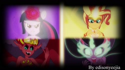 Size: 1920x1080 | Tagged: safe, artist:edisonyeejia, edit, edited screencap, screencap, midnight sparkle, sci-twi, sunset satan, sunset shimmer, twilight sparkle, equestria girls, equestria girls (movie), friendship games, black background, comparison, contrast, daydream shimmer, equestria's monster girls, midnightsatan, open mouth, simple background, transformation