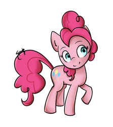 Size: 800x895 | Tagged: safe, artist:midnightpremiere, pinkie pie, earth pony, pony, female, head tilt, looking at something, looking away, mare, raised hoof, simple background, smiling, solo, standing, transparent background