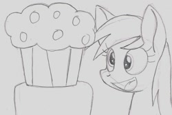 Size: 1237x825 | Tagged: safe, artist:airship-king, derpy hooves, pegasus, pony, female, mare, monochrome, muffin, solo, traditional art