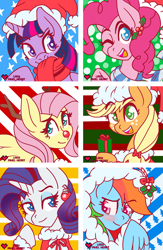 Size: 2845x4365 | Tagged: safe, artist:ladypixelheart, derpibooru import, applejack, fluttershy, pinkie pie, rainbow dash, rarity, twilight sparkle, twilight sparkle (alicorn), alicorn, earth pony, pegasus, pony, unicorn, antlers, blushing, bow, christmas, christmas ornament, clothes, female, freckles, hat, holly, icon, looking at you, mane six, mare, mistletoe, one eye closed, present, red nose, reindeer antlers, santa hat, scarf, wink