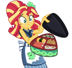 Size: 3070x2870 | Tagged: safe, artist:keronianniroro, sunset shimmer, eqg summertime shorts, equestria girls, good vibes, apron, bento, clothes, female, food, happi, rice, simple background, smiling, solo, sunset sushi, sushi, transparent background, uniform