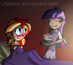 Size: 1024x907 | Tagged: safe, artist:lifekore, sunset shimmer, twilight sparkle, equestria girls, bed, bindi, caring for the sick, clothes, dark skin, eyes closed, female, food, human coloration, lesbian, pajamas, shipping, sick, smiling, soup, sunsetsparkle