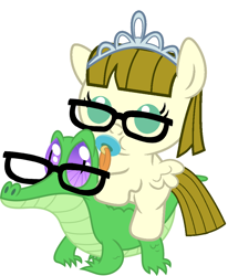 Size: 836x1017 | Tagged: safe, artist:red4567, gummy, zippoorwhill, pegasus, pony, accessory, baby, baby pony, cute, glasses, pacifier, ponies riding gators, riding, tiara, weapons-grade cute, zippoorbetes