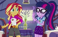 Size: 862x547 | Tagged: safe, artist:thedarkpony, edit, edited screencap, screencap, sci-twi, sunset shimmer, twilight sparkle, equestria girls, legend of everfree, camp everfree outfits, clothes, fart, fart noise, female, onomatopoeia, ponytail, shorts, sound effects