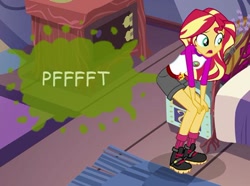 Size: 604x449 | Tagged: safe, artist:thedarkpony, edit, edited screencap, screencap, sunset shimmer, equestria girls, clothes, fart, fart edit, fart noise, female, onomatopoeia, shorts, solo, sound effects