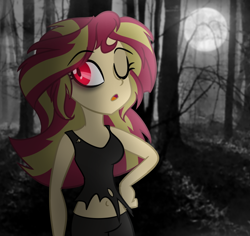 Size: 724x684 | Tagged: safe, artist:wubcakeva, sunset shimmer, vampire, equestria girls, belly button, clothes, forest, full moon, looking back, moon, night, one eye closed, red eyes, solo, tanktop, tree, vampirism