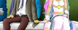 Size: 1500x588 | Tagged: safe, artist:mornincloud, discord, princess celestia, human, bench, clothes, dislestia, dress, female, humanized, male, shipping, straight, winged humanization