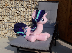 Size: 1500x1100 | Tagged: safe, artist:hipsterowlet, starlight glimmer, pony, unicorn, chair, irl, lawn chair, photo, plushie, sitting, smiling, smirk, solo