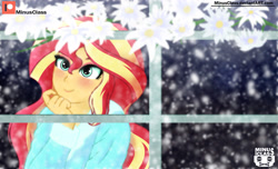 Size: 2470x1500 | Tagged: safe, artist:minusclass, sunset shimmer, equestria girls, clothes, cute, female, flower, indoors, patreon, patreon logo, smiling, snow, solo, window