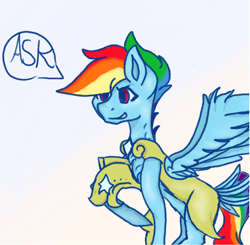 Size: 1084x1062 | Tagged: safe, derpibooru import, rainbow dash, pegasus, pony, alternate universe, female, guard dash, mare, royal guard, royal guard armor, solo, speech bubble, tail feathers, tumblr