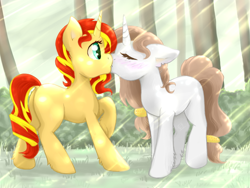 Size: 800x600 | Tagged: safe, artist:tokokami, sunset shimmer, oc, oc:black cat, pony, unicorn, canon x oc, crepuscular rays, cute, dock, eyes closed, female, floppy ears, forest, grass, kissing, leg fluff, lesbian, plot, raised hoof, shipping, underhoof