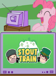 Size: 393x538 | Tagged: safe, pinkie pie, earth pony, pony, barry kramer, exploitable meme, game grumps, laughing, meme, obligatory pony, ross o'donovan, saint patrick's day, steam (software), steam train, tv meme