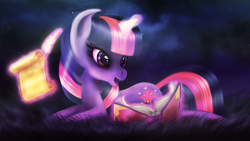 Size: 900x506 | Tagged: safe, artist:macalaniaa, derpibooru import, twilight sparkle, book, quill, reading, scroll, solo, writing