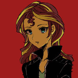 Size: 500x500 | Tagged: safe, artist:weiliy, sunset shimmer, equestria girls, clothes, female, jacket, leather jacket, red background, simple background, solo