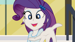 Size: 1366x768 | Tagged: safe, screencap, rarity, equestria girls, rainbow rocks, hand, looking at you, reaching out, solo, stairs