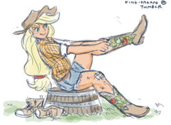 Size: 1100x803 | Tagged: safe, artist:king-kakapo, applejack, human, 30 minute art challenge, bandage, boots, clothes, dressing, humanized, shoes, sitting, solo