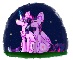 Size: 1083x901 | Tagged: safe, artist:foxlove253, starlight glimmer, twilight sparkle, twilight sparkle (alicorn), alicorn, firefly (insect), unicorn, chest fluff, cute, eyes closed, female, fluffy, glimmerbetes, glowing horn, grass, magic, night, smiling, twiabetes