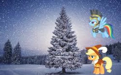 Size: 284x177 | Tagged: safe, derpibooru import, applejack, commander hurricane, rainbow dash, smart cookie, earth pony, pegasus, pony, hearth's warming eve (episode), armor, christmas, christmas tree, flying, hearth's warming eve, picture for breezies, snow, snowfall, tree