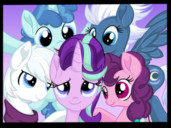 Size: 1024x768 | Tagged: safe, artist:sparkleshadow, double diamond, night glider, party favor, starlight glimmer, sugar belle, earth pony, pegasus, pony, unicorn, crying, equal four, female, happy, male, mare, smiling, stallion