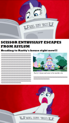 Size: 583x1024 | Tagged: safe, edit, edited screencap, screencap, rarity, pony, unicorn, ponyville confidential, abstract background, clock tower (video game), comic, dark comedy, exploitable meme, i'll destroy her, jontron, meme, newspaper meme, screencap comic, solo, this will end in tears and/or death