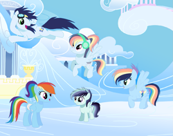 Size: 1369x1080 | Tagged: safe, artist:emabases, derpibooru import, rainbow dash, soarin', oc, pegasus, pony, female, male, offspring, parent:rainbow dash, parent:soarin', parents:soarindash, shipping, soarindash, straight