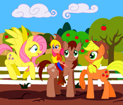 Size: 969x825 | Tagged: safe, artist:bbbhuey, applejack, fluttershy, megan williams, earth pony, pegasus, pony, g1, g1 to g4, generation leap, human in equestria, sweet apple acres, tj