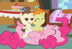 Size: 515x350 | Tagged: safe, screencap, pinkie pie, pound cake, pumpkin cake, earth pony, pony, baby cakes, babies, baby ponies, cute, diaper, diapered, diapered colt, diapered filly, diapered foals, eyes closed, female, filly, happy, happy babies, lidded eyes, one month old colt, one month old filly, one month old foals, open mouth, out of context, smiling, white diapers