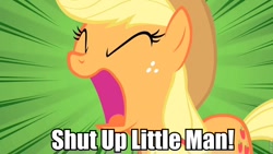 Size: 960x540 | Tagged: safe, edit, edited screencap, screencap, applejack, earth pony, pony, over a barrel, image macro, pete n' ray, reaction image, reference, solo, yelling