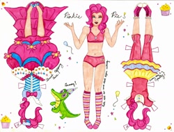 Size: 2205x1672 | Tagged: safe, artist:whiteheather, gummy, pinkie pie, human, belly button, bra, clothes, converse, crop top bra, cutie mark underwear, dress, gala dress, humanized, panties, papercraft, pink underwear, shirt, shoes, skirt, solo, traditional art, underwear