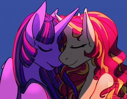 Size: 1280x996 | Tagged: safe, artist:pastel-pony-pictures, sunset shimmer, twilight sparkle, twilight sparkle (alicorn), alicorn, anthro, pony, unicorn, duo, eyes closed, female, horns are touching, lesbian, mare, shipping, signature, smiling, sunsetsparkle