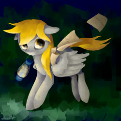 Size: 2000x2000 | Tagged: safe, artist:solar-claw, derpy hooves, pegasus, pony, female, floppy ears, forest, light, mare, mouth hold, night, solo