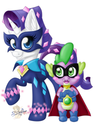 Size: 612x800 | Tagged: safe, artist:unisoleil, humdrum, radiance, rarity, spike, dragon, pony, unicorn, power ponies (episode), clothes, costume, female, halloween, male, power ponies, shipping, sparity, straight
