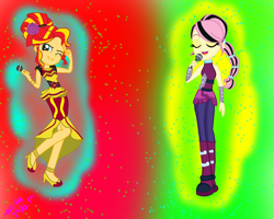 Size: 1948x1560 | Tagged: safe, artist:crazylifeyt, fluttershy, sunset shimmer, equestria girls, spoiler:eqg specials, alternate hairstyle, boots, bracelet, clothes, eyes closed, female, high heels, jewelry, microphone, open mouth, shoes, singing