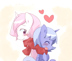 Size: 560x472 | Tagged: safe, artist:gyaheung, princess celestia, princess luna, alicorn, pony, blushing, cewestia, clothes, cute, eyes closed, filly, heart, open mouth, scarf, shared clothing, shared scarf, smiling, woona