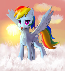 Size: 1098x1200 | Tagged: safe, artist:xbi, derpibooru import, rainbow dash, pegasus, pony, :p, backwards cutie mark, chest fluff, cloud, cute, female, fluffy, fluffy tongue, lidded eyes, looking at you, mare, silly, sky, solo, spread wings, tongue out, wings