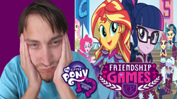 Size: 1366x768 | Tagged: safe, artist:sb1991, fluttershy, pinkie pie, sci-twi, sunset shimmer, twilight sparkle, human, equestria girls, friendship games, advertisement, irl, irl human, photo, review, title card, youtube, youtube link