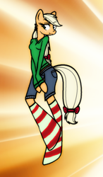 Size: 727x1241 | Tagged: safe, artist:xxbirthdaymousecrexx, applejack, anthro, unguligrade anthro, bow, clothes, missing accessory, socks, solo, striped socks