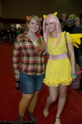 Size: 1365x2048 | Tagged: artist needed, safe, applejack, fluttershy, human, convention, cosplay, irl, irl human, megacon, photo