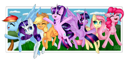 Size: 6010x2861 | Tagged: safe, artist:marzipan-madness, applejack, fluttershy, pinkie pie, rainbow dash, rarity, starlight glimmer, twilight sparkle, twilight sparkle (alicorn), alicorn, earth pony, pegasus, pony, unicorn