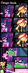 Size: 651x1700 | Tagged: dead source, safe, artist:dsfranch, sci-twi, spike, sunset shimmer, twilight sparkle, comic:magic book, equestria girls, comic, female, human spike, male