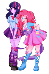 Size: 727x1100 | Tagged: safe, artist:pastelbits, derpibooru import, pinkie pie, twilight sparkle, equestria girls, equestria girls (movie), balloon, boots, bracelet, clothes, female, high heel boots, jewelry, lesbian, looking at you, shipping, skirt, twinkie