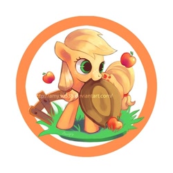 Size: 480x480 | Tagged: safe, artist:amy30535, applejack, earth pony, pony, apple, cute, fence, filly, mouth hold, obligatory apple, solo, watermark