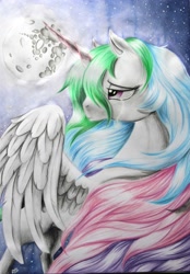 Size: 2986x4302 | Tagged: safe, artist:ablm, princess celestia, alicorn, pony, crying, mare in the moon, moon, sad, solo, traditional art