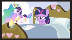 Size: 1050x584 | Tagged: safe, artist:dm29, princess celestia, twilight sparkle, alicorn, pony, bed, cute, duo, filly, filly twilight sparkle, julian yeo is trying to murder us, meme, momlestia, ponies riding ponies, twiabetes