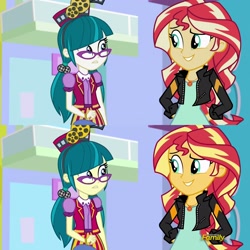 Size: 1920x1920 | Tagged: safe, juniper montage, sunset shimmer, equestria girls, mirror magic, spoiler:eqg specials, color, comparison, discovery family logo, graphics, you had one job