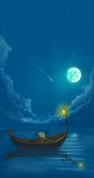 Size: 560x1050 | Tagged: safe, artist:hiponov, applejack, earth pony, pony, boat, cloud, cloudy, fishing, lantern, moon, night, reflection, solo, stars, water