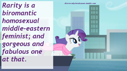 Size: 1280x720 | Tagged: safe, rarity, pony, unicorn, diverse-mlp-headcanons, headcanon, manehattan, text