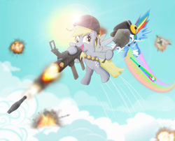 Size: 980x791 | Tagged: safe, artist:dan232323, derpy hooves, rainbow dash, pegasus, pony, derpy soldier, explosion, female, mare, muffin, rainbow scout, scout, soldier, team fortress 2, weapon