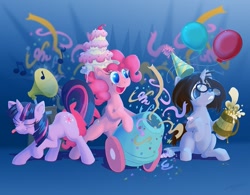 Size: 1061x827 | Tagged: safe, artist:foolyguy, derpibooru import, pinkie pie, twilight sparkle, oc, earth pony, pony, balloon, beer, cake, dancing, glasses, gramophone, hat, party, party cannon, party hat, streamers, tongue out